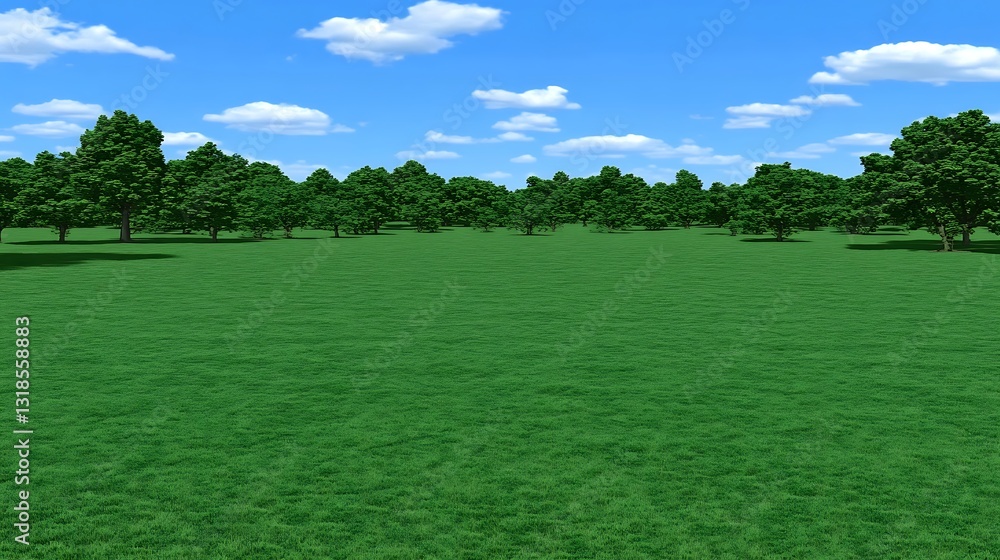 Fototapeta premium Lush green field with trees under a blue sky.