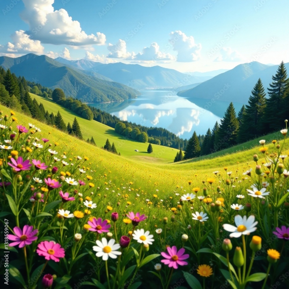 Fototapeta premium Rolling hills with wildflowers and a serene lake in the background, scenic view, landscape, lake