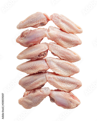 Raw chicken wings arranged in neat stack on transparency background