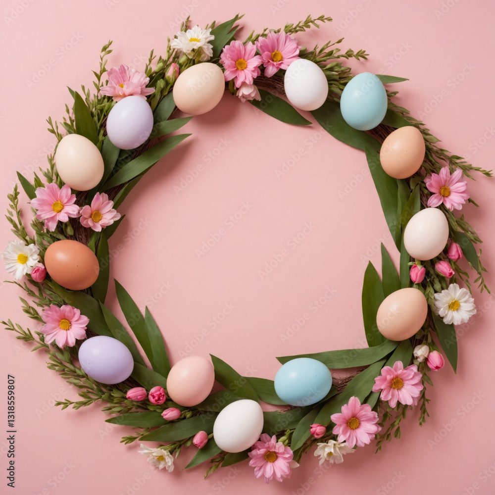 Easter wreath with spring flowers and easter eggs on a light pastel pink flat background with copy space. Floral frame for holiday greeting card, spring banner or invitation. Happy Easter. Top view. Easter wreath with spring flowers and easter eggs on a light pastel pink flat background with copy space. Floral frame for holiday greeting card, spring banner or invitation. Happy Easter. Top view.
