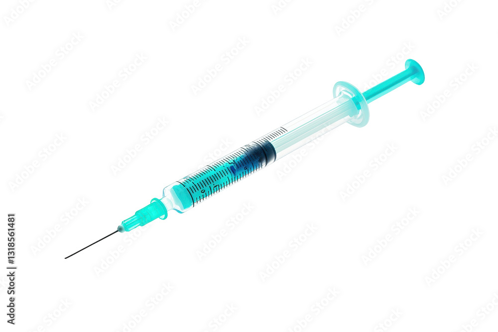 Fototapeta premium Blue Plastic Syringe with Needle and Clear Liquid Inside