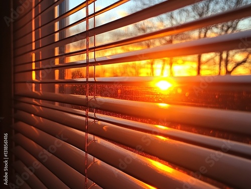 Sunrise Glow Through Window Blinds with Warm Amber Light and Shadow Stripes