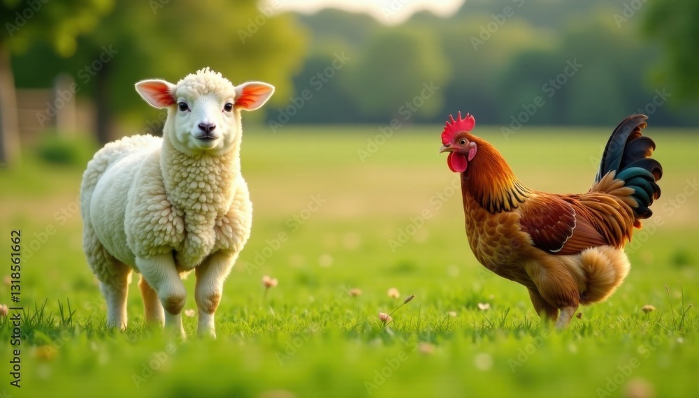 Fototapeta premium Sheep and chicken roaming freely on a farm, outdoors, farm, animals