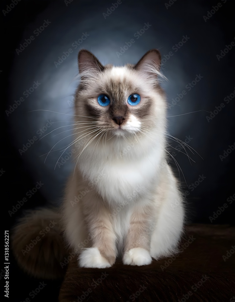 Ragdoll Cat with Blue Eyes and Colorpoint Pattern on Dark Background, Professional Animal Photography Ragdoll Cat with Blue Eyes and Colorpoint Pattern on Dark Background, Professional Animal Photography