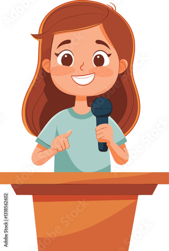 Young girl giving a speech at a podium while holding a microphone during a school event cartoon isolated on transparent background. Vector illustration.