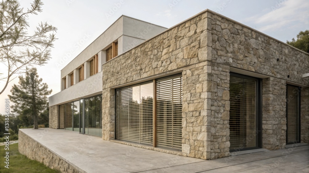 A contemporary home with a stone facade and large windows featuring wooden blinds, showcasing a seamless blend of modern design and natural elements. A contemporary home with a stone facade and large windows featuring wooden blinds, showcasing a seamless blend of modern design and natural elements.