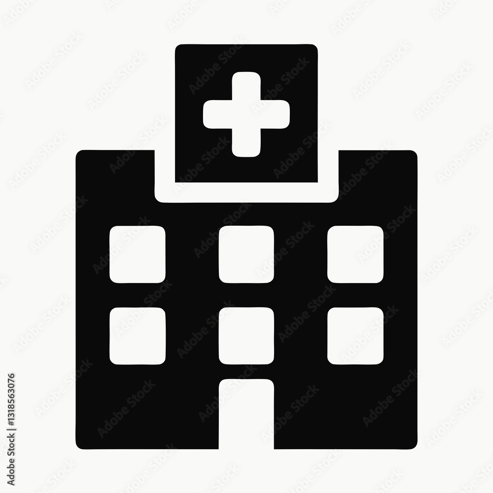 Fototapeta premium black and white hospital icon with cross symbol and six square windows 