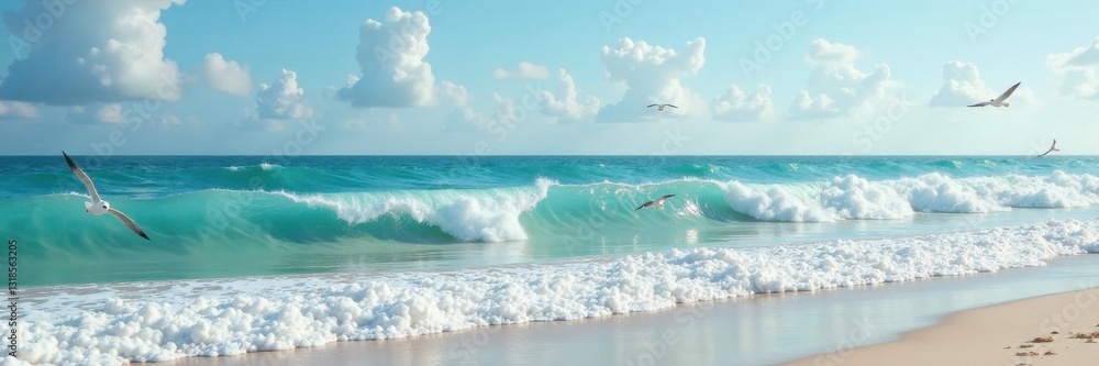 Obraz premium Waves and seagulls in a serene beach scene, waves, calm