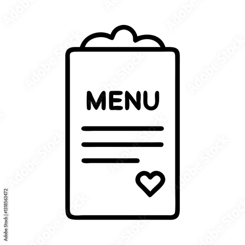 Wedding menu icon with a heart in line art style on a transparent background, wedding concept