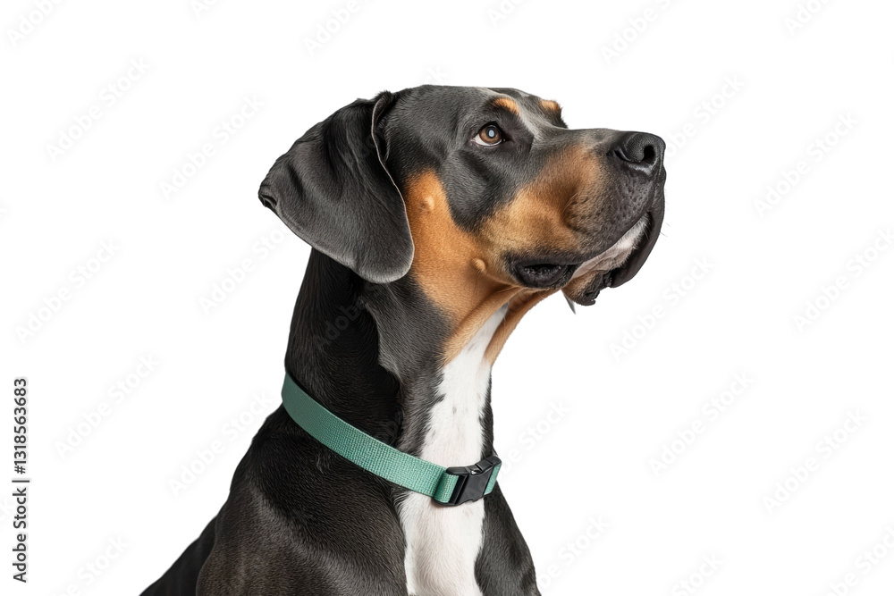 close up of dog with green collar, looking upwards with curiosity and alertness. dog fur is predominantly black with brown accents, showcasing its expressive features close up of dog with green collar, looking upwards with curiosity and alertness. dog fur is predominantly black with brown accents, showcasing its expressive features