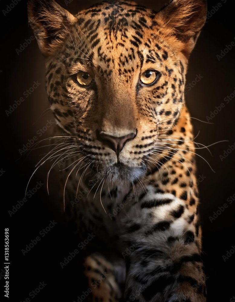 Naklejka premium Leopard Wildlife Photography with Golden Eyes and Rosette Pattern in Studio Level Lighting Portrait