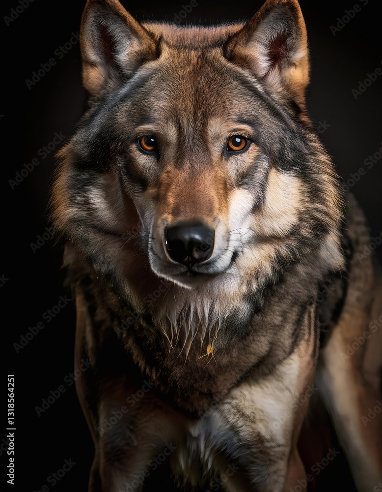 Obraz premium Wolf Wildlife Photography with Intense Amber Eyes in Studio Level Lighting Portrait