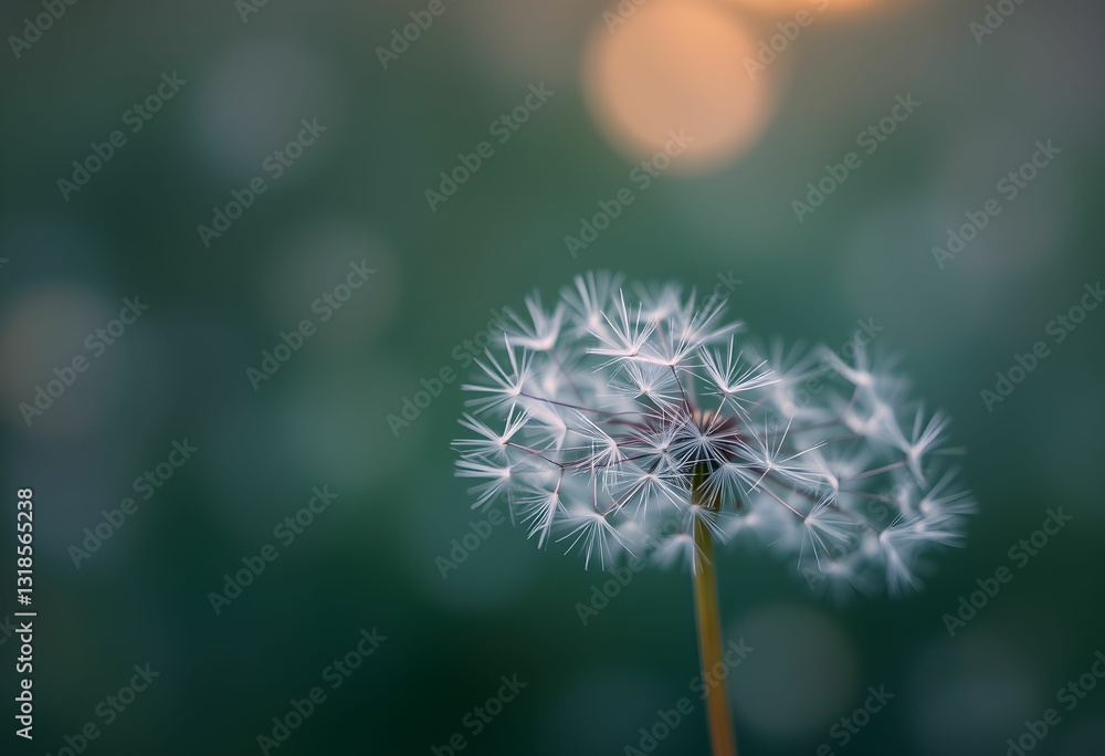Fototapeta premium Macro photograph of dandelion seed head, soft focus background, orange sunset glow, ethereal atmosphere, delicate white seeds, bokeh effect