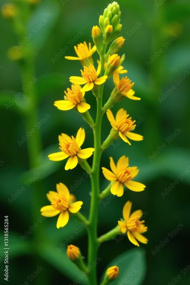 Obraz premium Small yellow flowers in dense spiral arrangement, plant, herbaceous, racemose