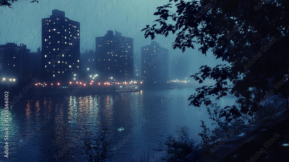 Rainy Night Cityscape: Dark and Moody Urban Scene