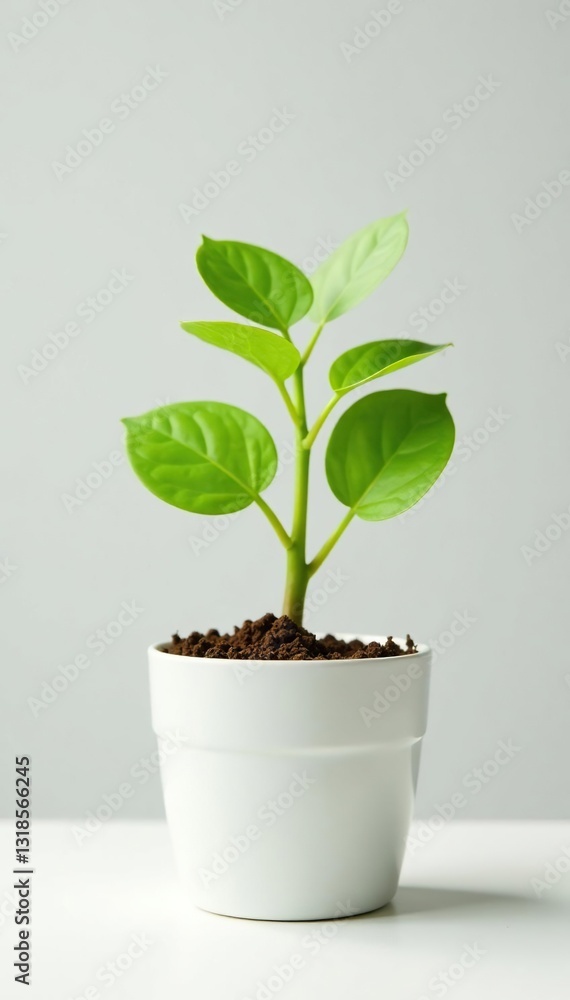 Delicate green plant grows out of small pot on white surface, nature, flowers, botanicals
