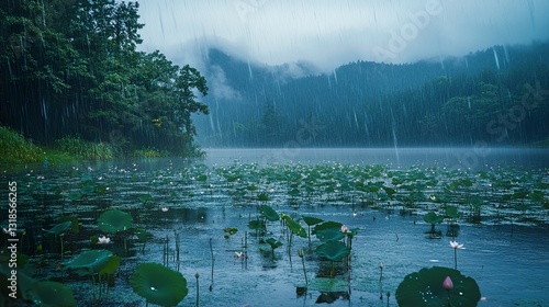 Rainy Lake with Lotus Flowers: Serene Nature Photography