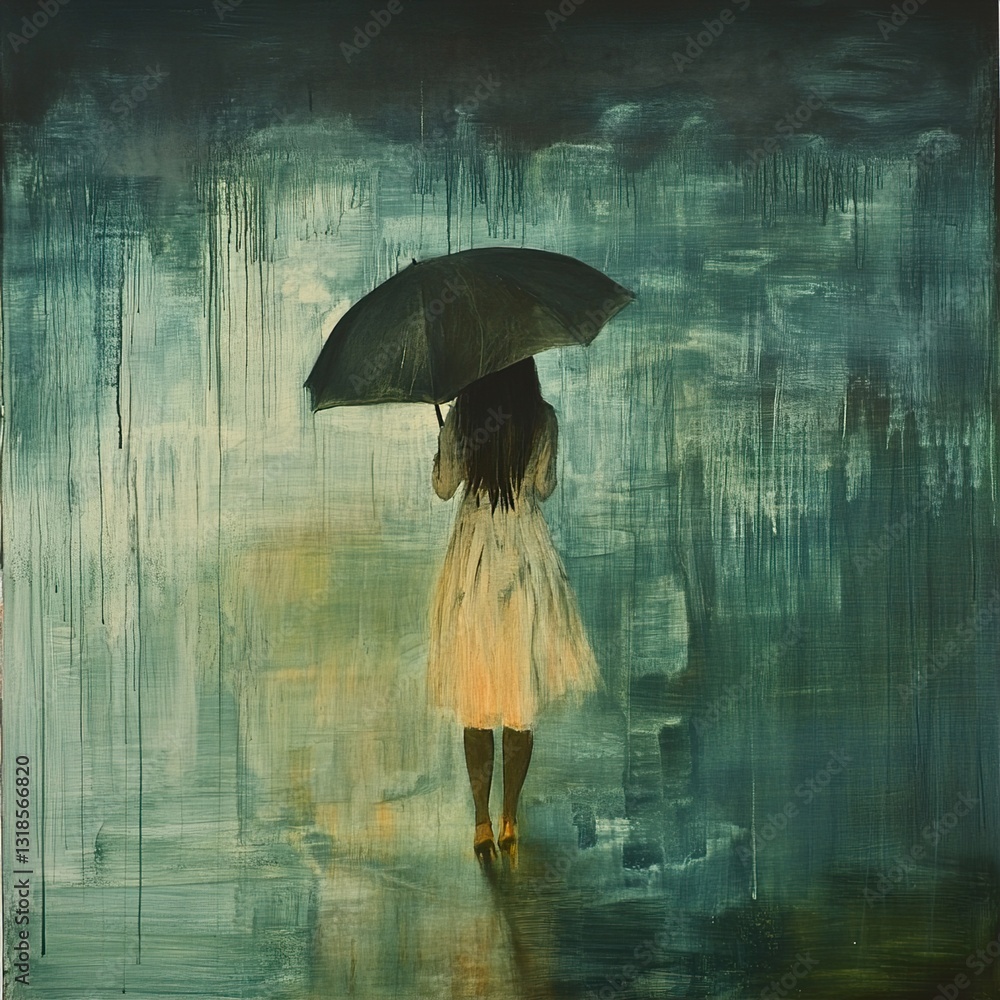 Solitude in the Rain: A Pensive Woman Walking in the City