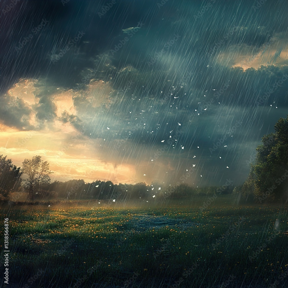 Rainy Landscape: Dramatic Sunset and Stormy Sky