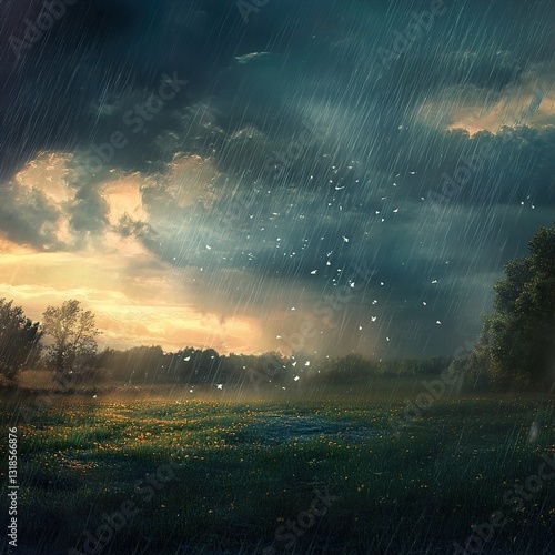 Rainy Landscape: Dramatic Sunset and Stormy Sky