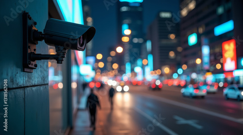 Surveillance Camera Overlooking a Bustling City Street at Night