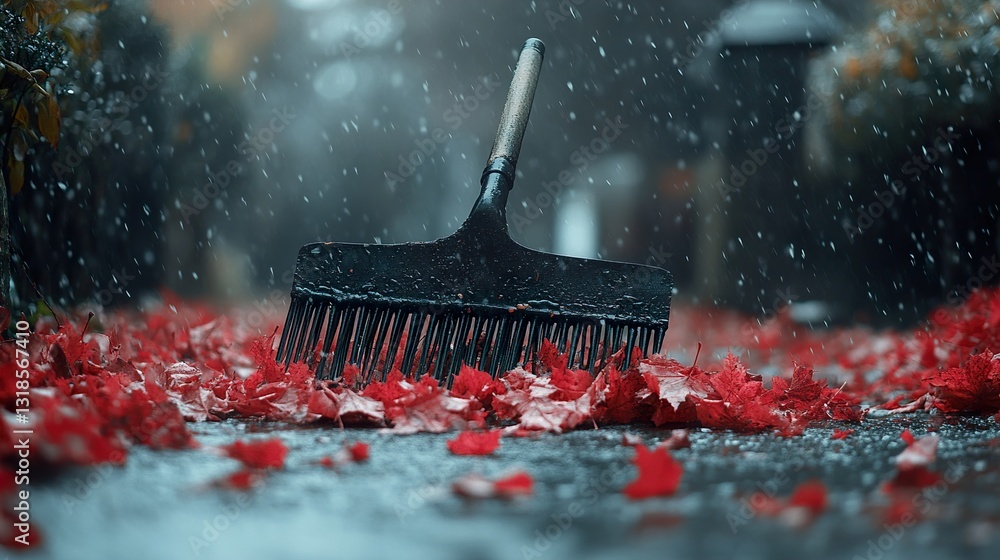 Rainy Autumn Day: Red Leaves and a Broom