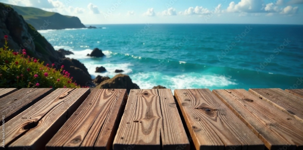 Fototapeta premium Weathered wooden planks on a rocky coastline, wood, rusty, textures