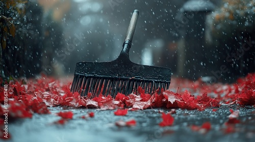 Obraz na płótnie Rainy Autumn Day: Red Leaves and a Broom w salonie