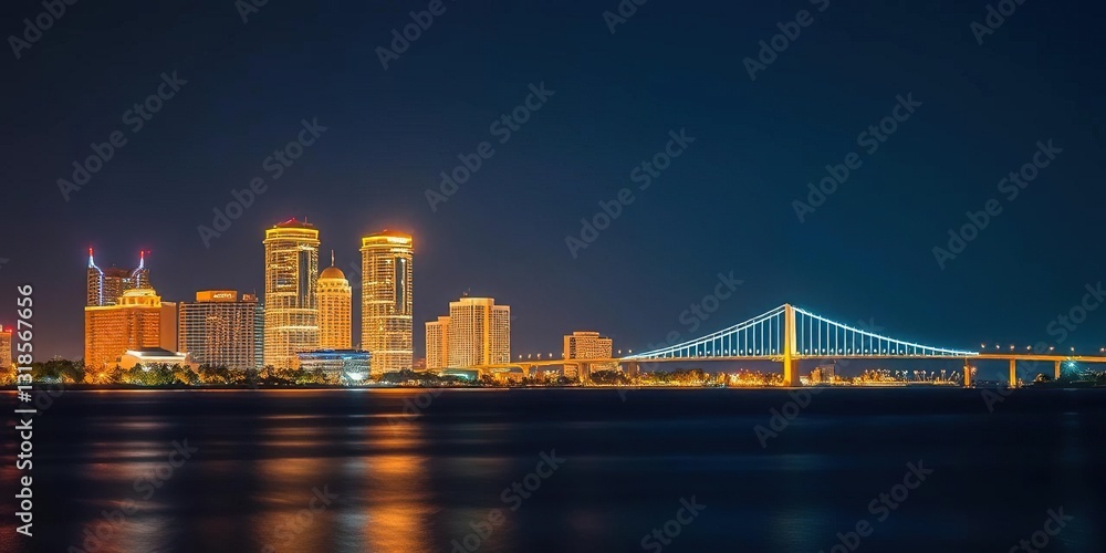 Sarasota's illuminated skyline and bridge at night, reflecting in calm bay waters, scenic, dark Sarasota's illuminated skyline and bridge at night, reflecting in calm bay waters, scenic, dark