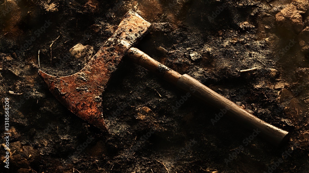 Rusty Axe in the Dark Soil: A Vintage Tool Photography