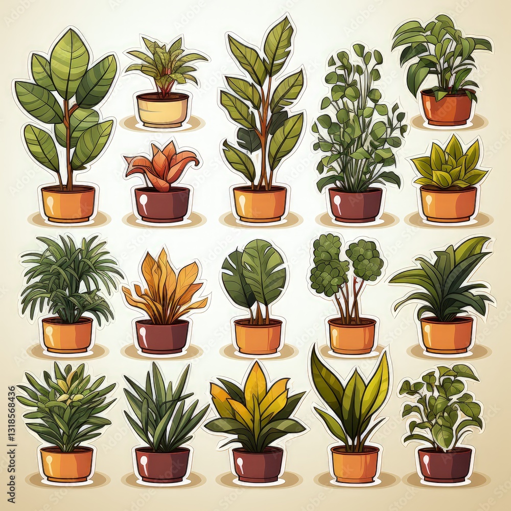Fototapeta premium Minimalistic Vector Illustration Featuring Various Plant Stickers for Decoration