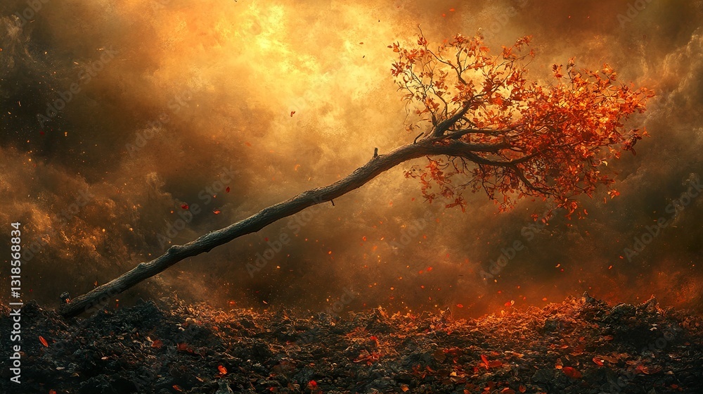 Fiery Autumn Landscape: A Fallen Tree in Dramatic Sunset