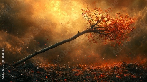 Obraz na płótnie Fiery Autumn Landscape: A Fallen Tree in Dramatic Sunset w salonie