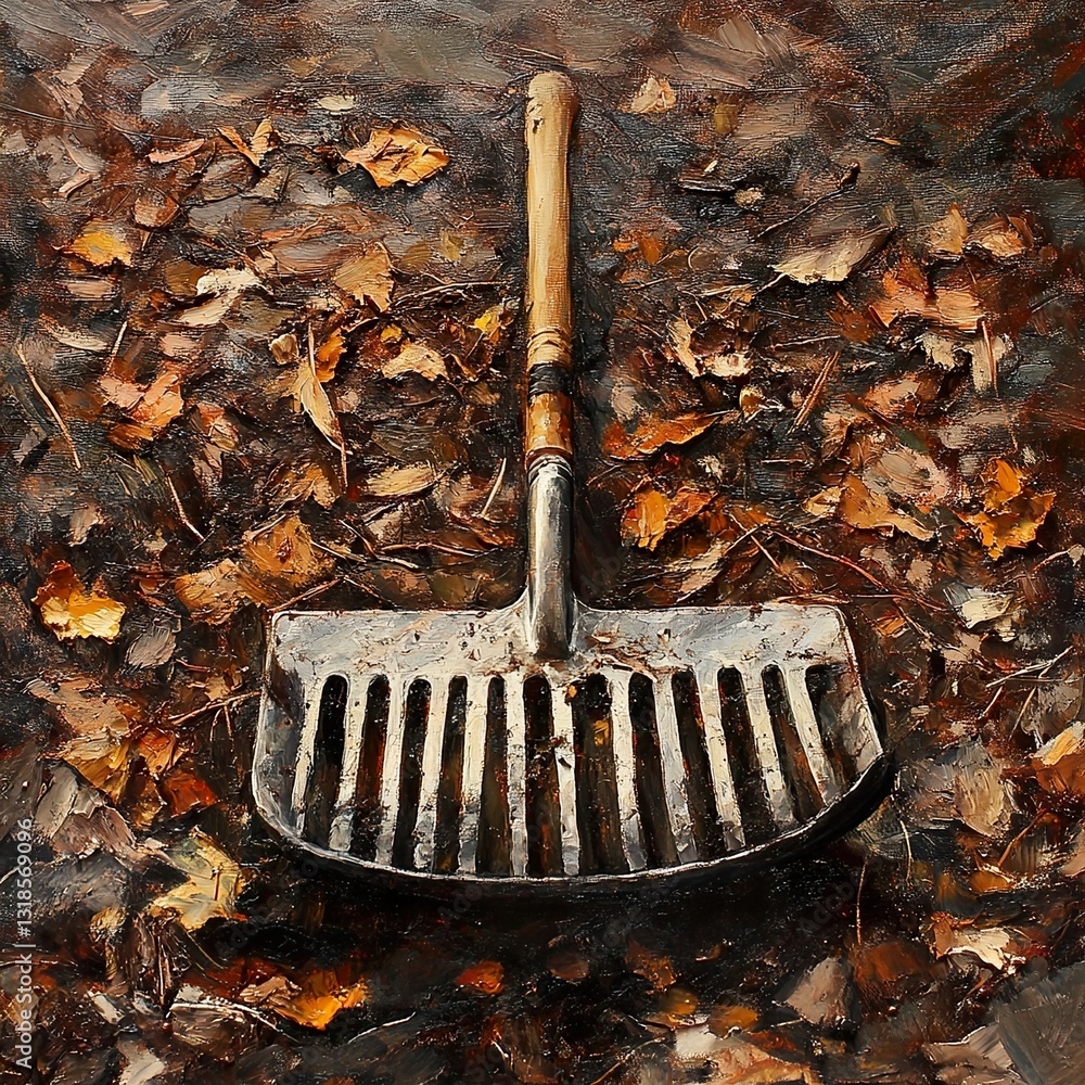 Autumn Leaves and Rake: A Still Life Painting