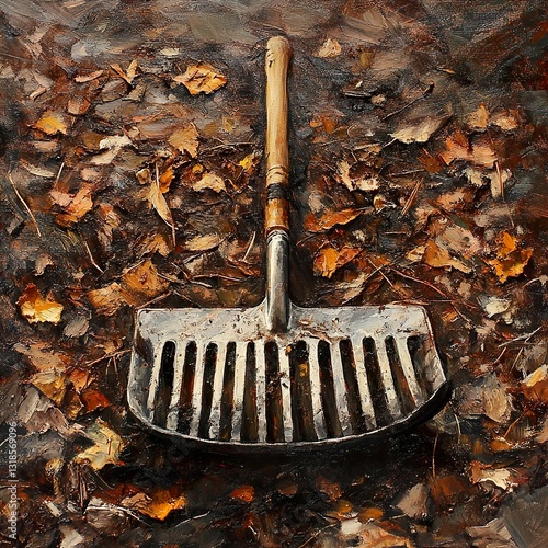 Obraz na płótnie Autumn Leaves and Rake: A Still Life Painting w salonie