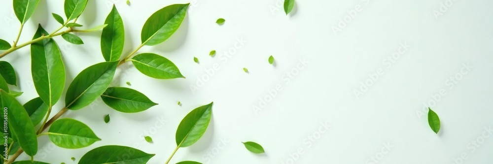 Delicate green leaves on a clean white surface, foliage, nature, botanical Delicate green leaves on a clean white surface, foliage, nature, botanical