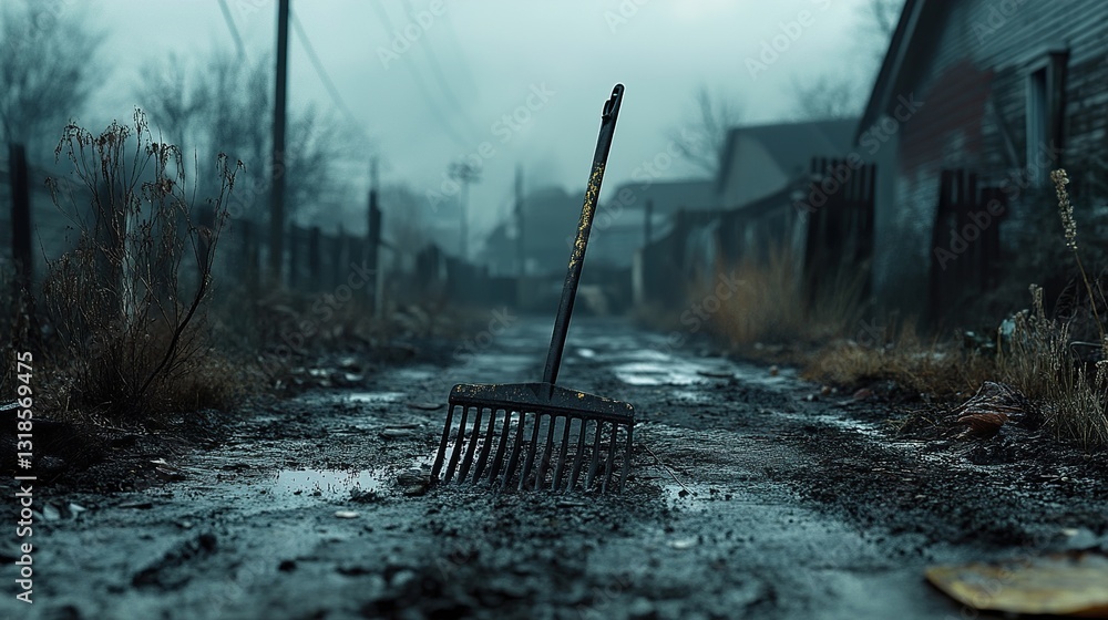 Gloomy Landscape: A Rake on a Deserted Path