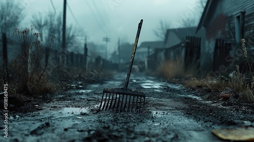 Obraz na płótnie Gloomy Landscape: A Rake on a Deserted Path w salonie