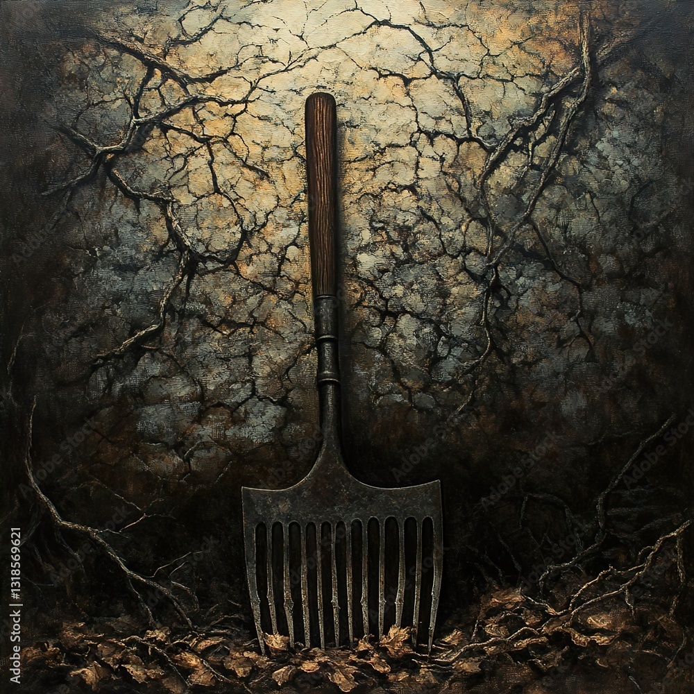 A weathered pitchfork rests on cracked earth, surrounded by dry leaves. A dark, textured image evoking themes of nature and decay.