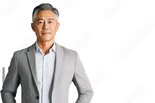 confident man in light gray suit stands with serious expression, showcasing professionalism and poise. His stylish attire and demeanor convey sense of leadership and experience