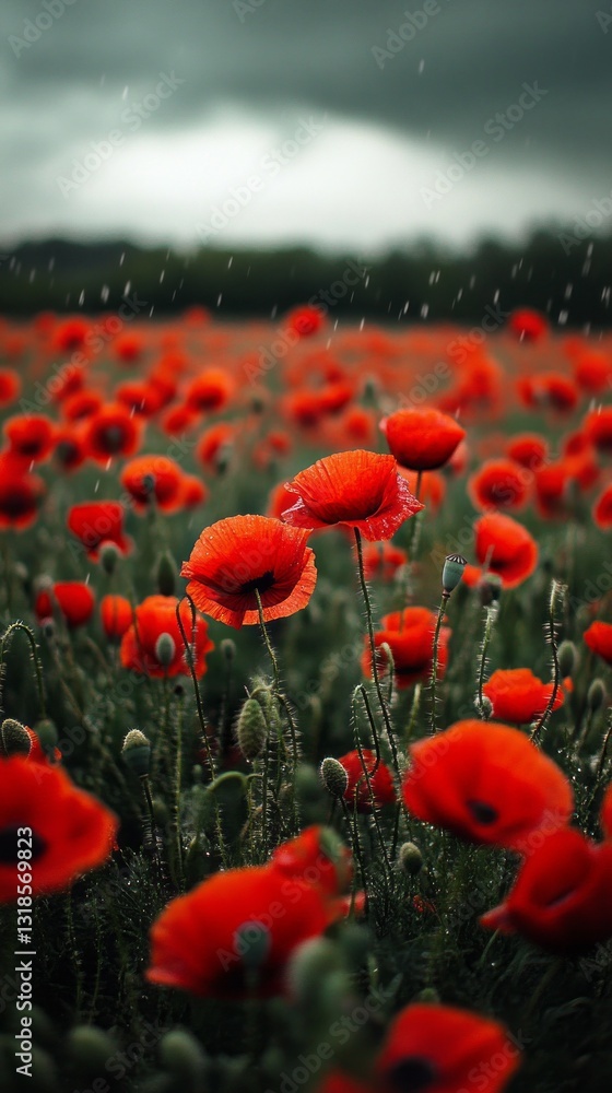 Obraz premium A stunning field of bright red poppies stands out against a backdrop of dark, moody clouds, while gentle raindrops dance on the petals. Nature's beauty captivates the senses