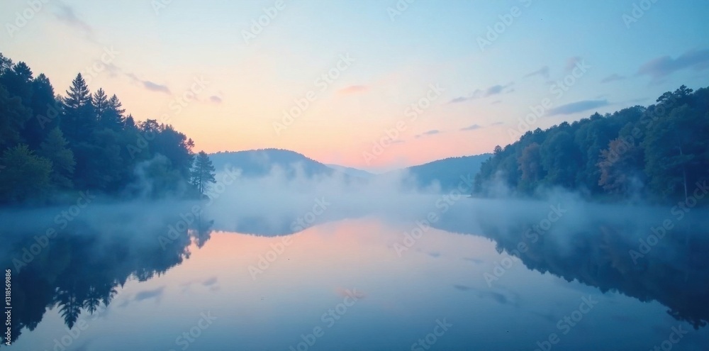 Obraz premium Soft blue mist rises from a serene lake at dawn, water, calm, peaceful