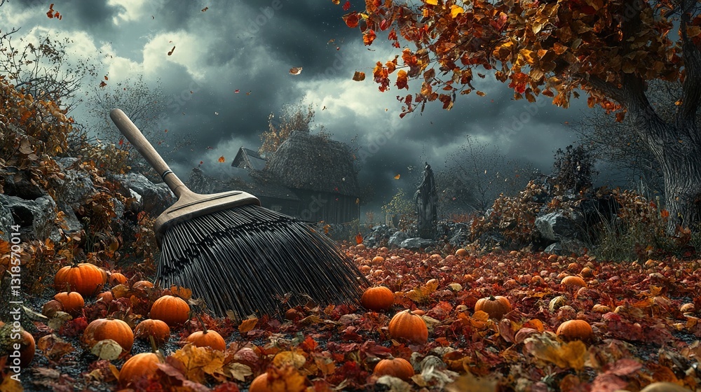 Spooky Autumn Scene: Pumpkins, Broom, and Stormy Sky