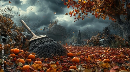 Obraz na płótnie Spooky Autumn Scene: Pumpkins, Broom, and Stormy Sky w salonie