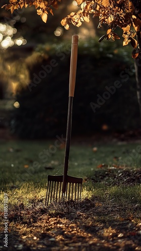 Obraz na płótnie Gardening in Autumn: A Golden Hour Rake in the Garden w salonie