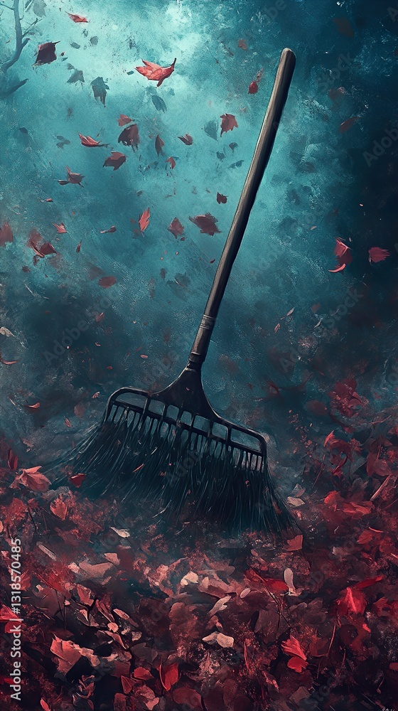 Autumnal Cleaning: Rake in a Mystical Forest Scene