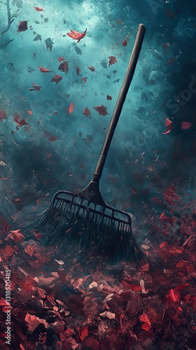 Obraz na płótnie Autumnal Cleaning: Rake in a Mystical Forest Scene w salonie