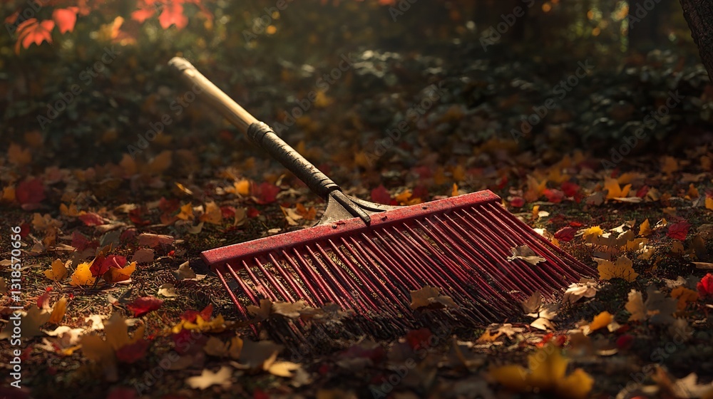 Autumn Leaves: A Red Rake in the Fall Garden