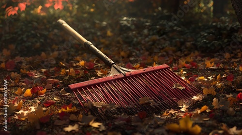 Obraz na płótnie Autumn Leaves: A Red Rake in the Fall Garden w salonie