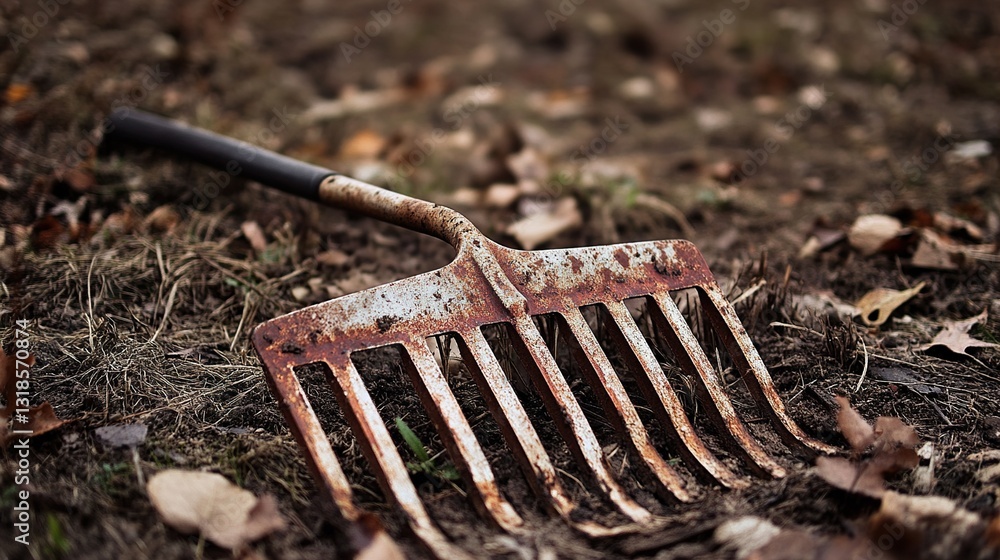 Rusty Garden Rake on Autumn Soil: A Close-Up